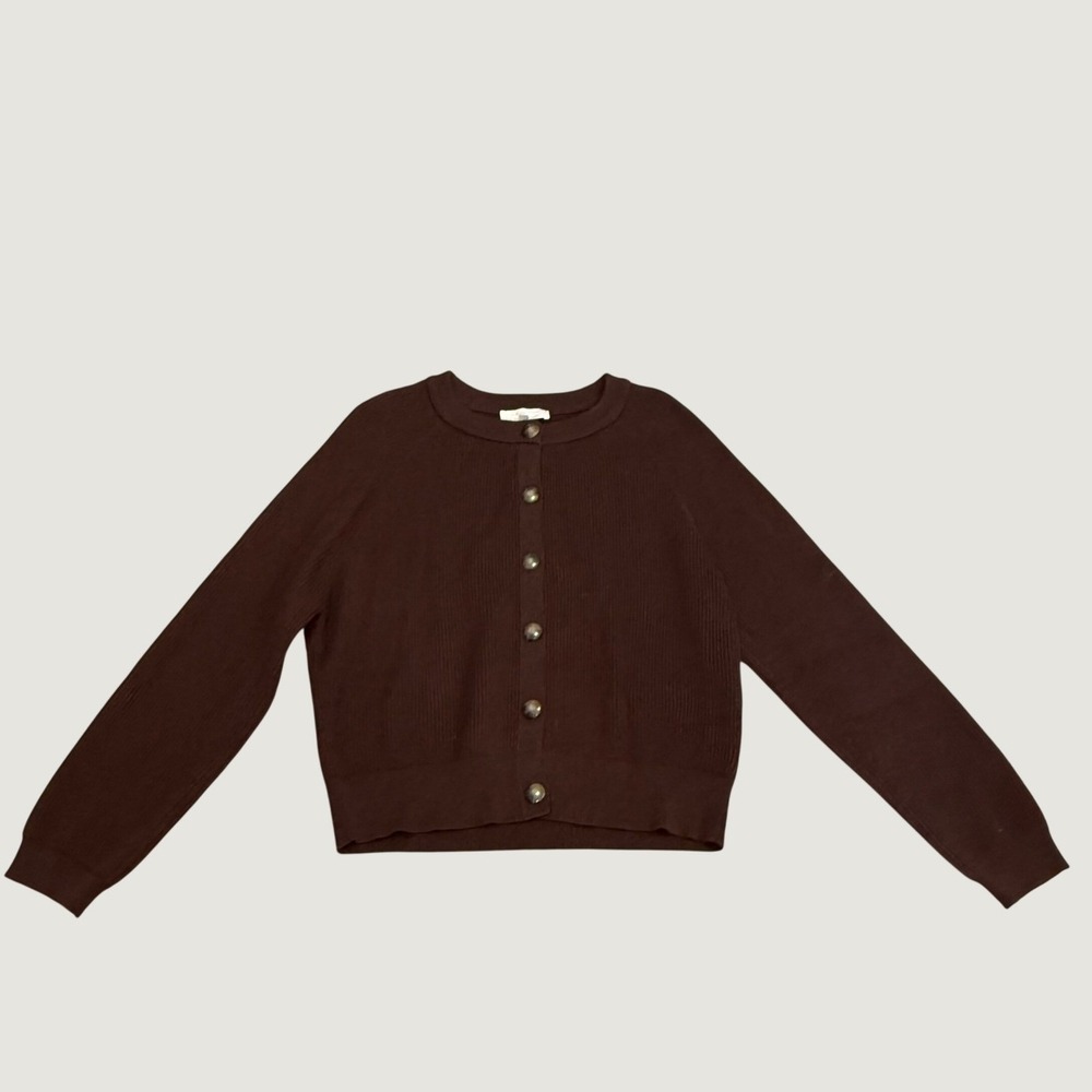 Sezane Emile Cardigan Brown Merino Wool Organic Cotton Ribbed XXL S232GIL068M